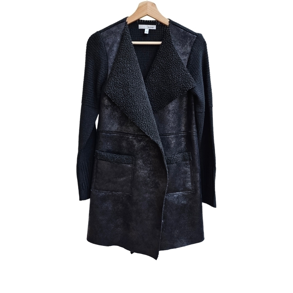 Black Faux Suede Subtle Iridescents, Faux Sherpa Cardigan Sweater/Jacket, Medium